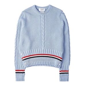 Thom Browne Light Blue Cable Knit Crewneck Sweater with Red, Black & White Trim